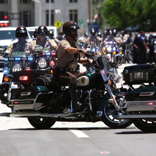 MIAMI, FLORIDA - JUNE 13: Police motorcycles used to escort the motorcade carrying former President Donald Trump arrive at the Wilkie D. Ferguson Jr. United States Federal Courthouse as Trump appears for his arraignment on June 13, 2023 in Miami, Florida. Trump is scheduled to appear in federal court for his arraignment on charges including possession of national security documents after leaving office, obstruction, and making false statements. Alon Skuy/Getty Images/AFP (Photo by Alon Skuy / GETTY IMAGES NORTH AMERICA / Getty Images via AFP)