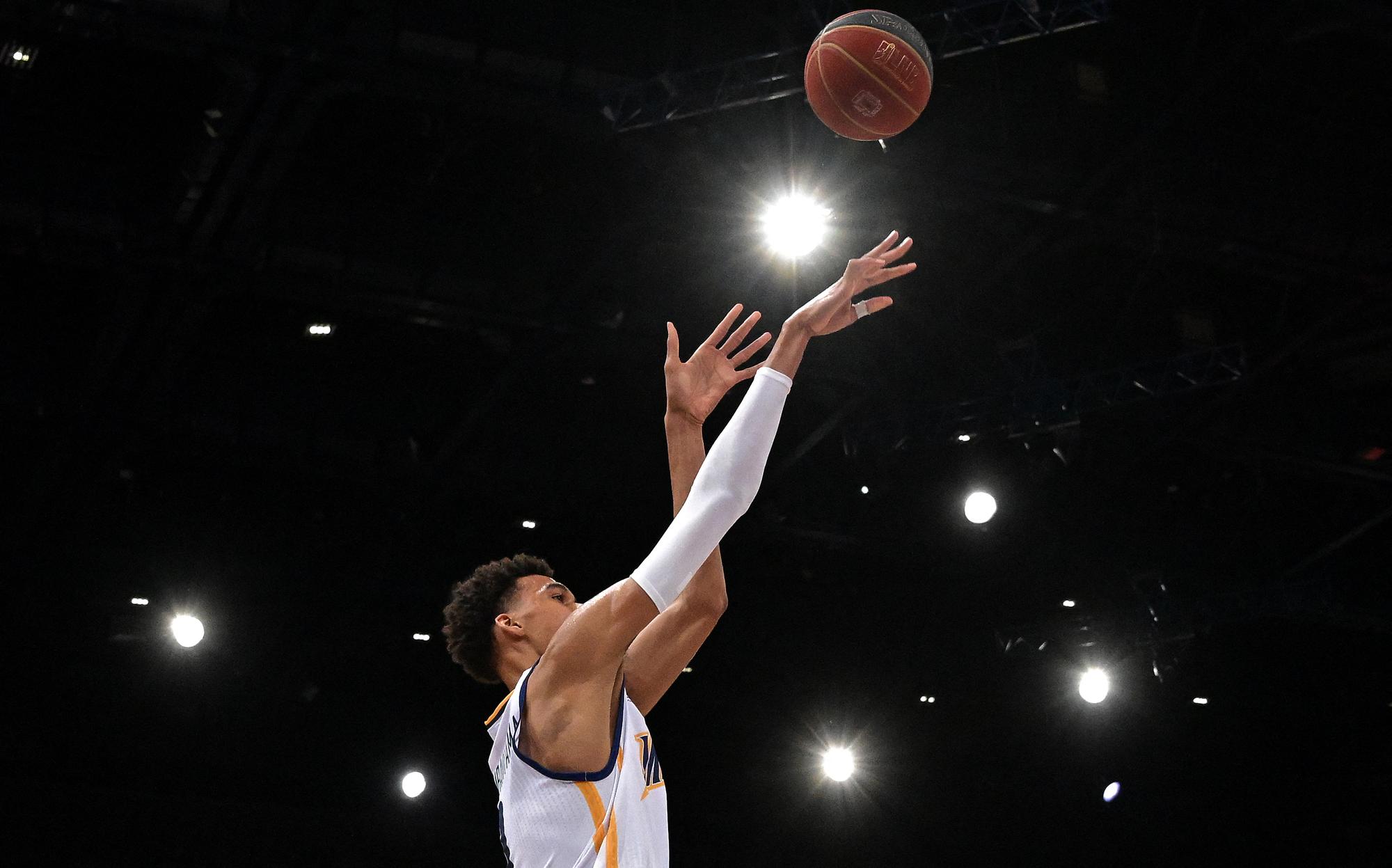 Metropolitan 92's French power forward Victor Wembanyama tries to score during the French Elite basketball match between Boulogne-Levallois Metropolitans 92 and Bourg-en-Bresse at The AccorHotels Arena in Paris on May 7, 2023. (Photo by FRANCK FIFE / AFP)