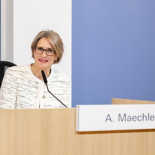 Swiss National Bank's (SNB) Member of the Governing Board Andrea Maechler attends media briefing at the Swiss National Bank in Zurich, Switzerland, on Thursday, June 22, 2023. (KEYSTONE/Michael Buholzer).