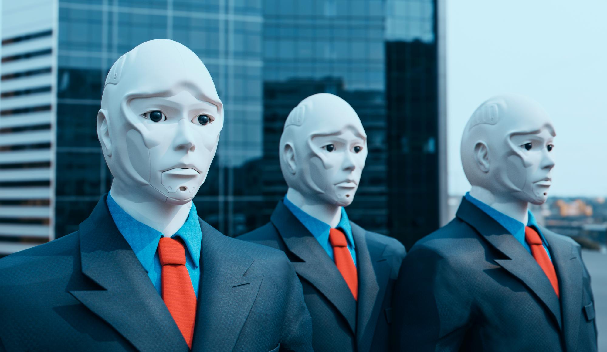 Concept of future employment where robots will occupy different jobs. A group of robots dressed in suit and tie stand shoulder by shoulder and are ready to work. Note: I have created the robots with the use of 3D software.