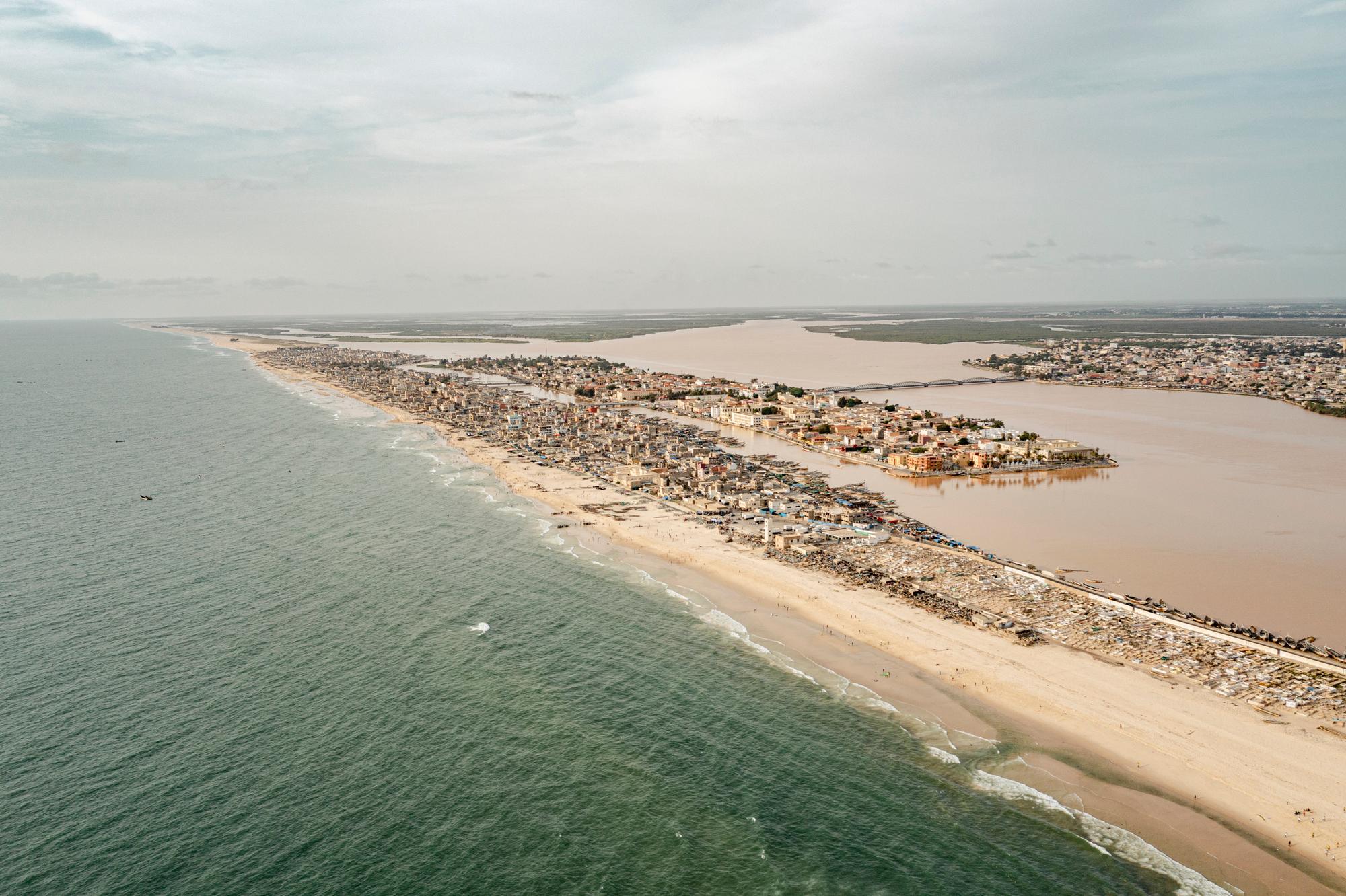 Aerial view of the Langue de Barbarie, a spit of land off the coast of northern Senegal that serves as a vital buffer between the Atlantic Ocean and the old French colonial capital of Saint Louis, now a UNESCO world heritage site.