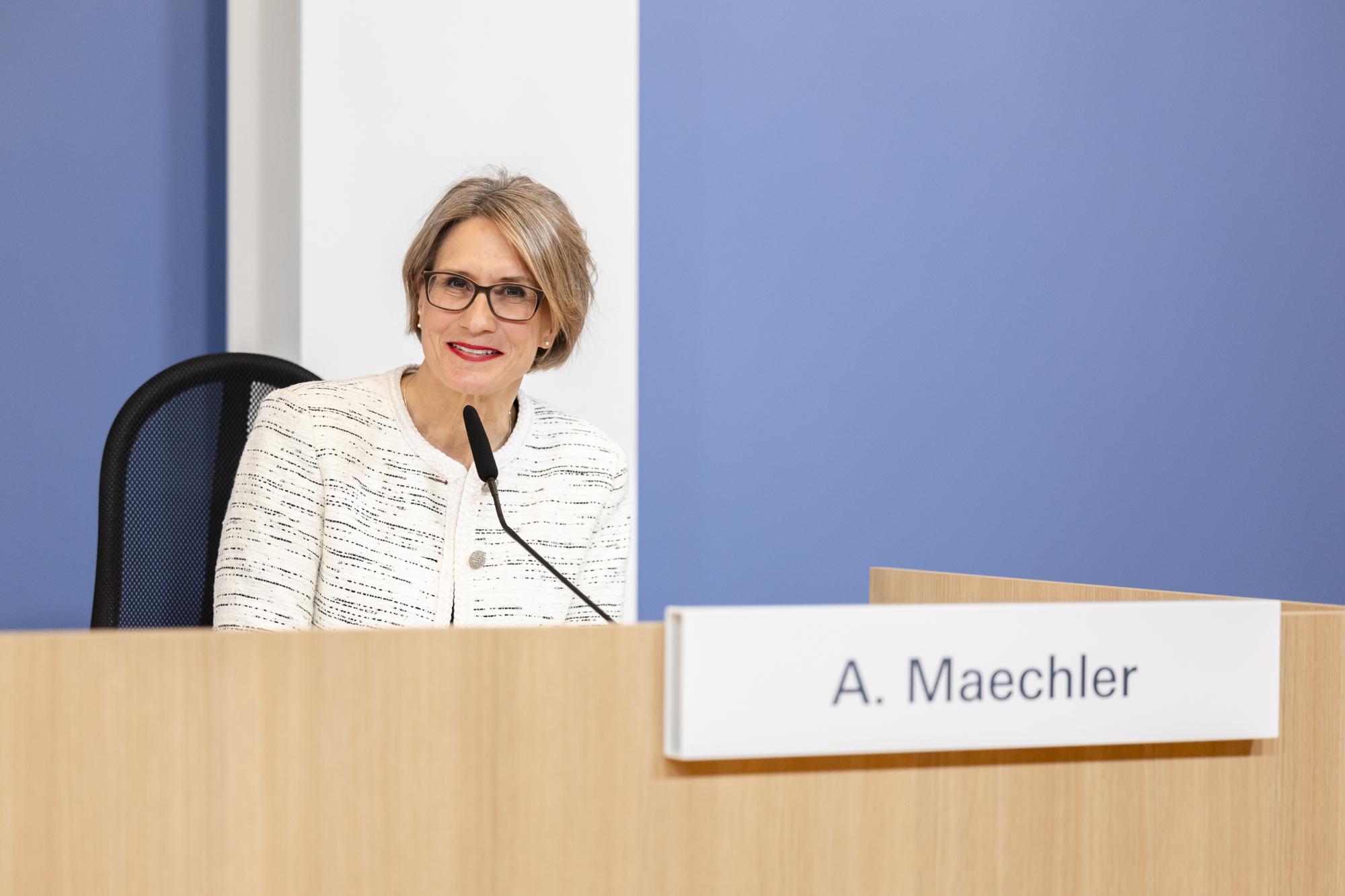 Swiss National Bank's (SNB) Member of the Governing Board Andrea Maechler attends media briefing at the Swiss National Bank in Zurich, Switzerland, on Thursday, June 22, 2023. (KEYSTONE/Michael Buholzer).