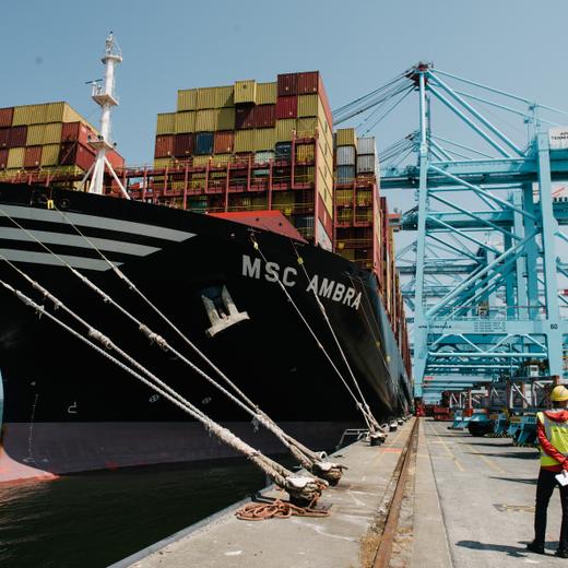 The MSC AMBRA at the docks of the APM terminal. The container ship sailing under the Panama flag is 400m long and built in 2020. Reportage on June 8th, 2023, in the APM Terminals' Maasvlakte II terminal in the port of Rotterdam, the Netherlands, a state-of-the-art automated facility with zero CO2 impact, open since 2015.