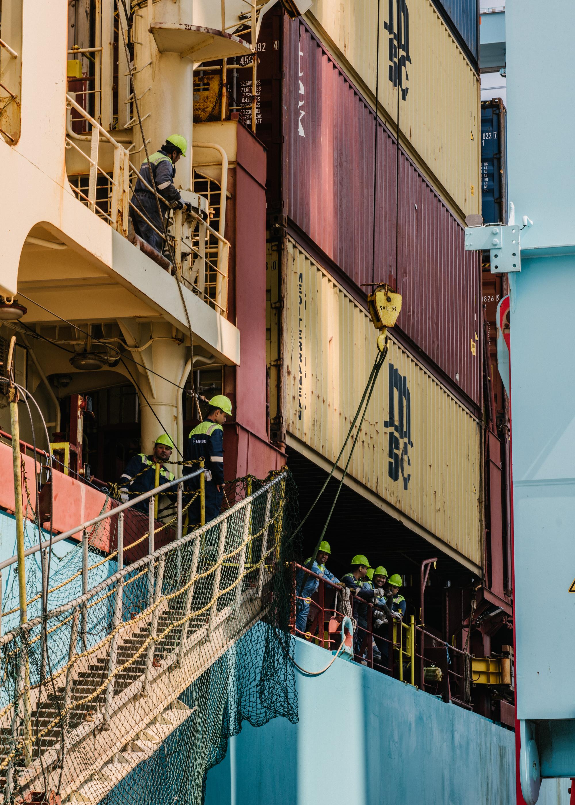 The crew of the MAERSK IDAHO are helping to pick up food and materials while the ship is unloaded. Reportage on June 8th, 2023, in the APM Terminals' Maasvlakte II terminal in the port of Rotterdam, the Netherlands, a state-of-the-art automated facility with zero CO2 impact, open since 2015.