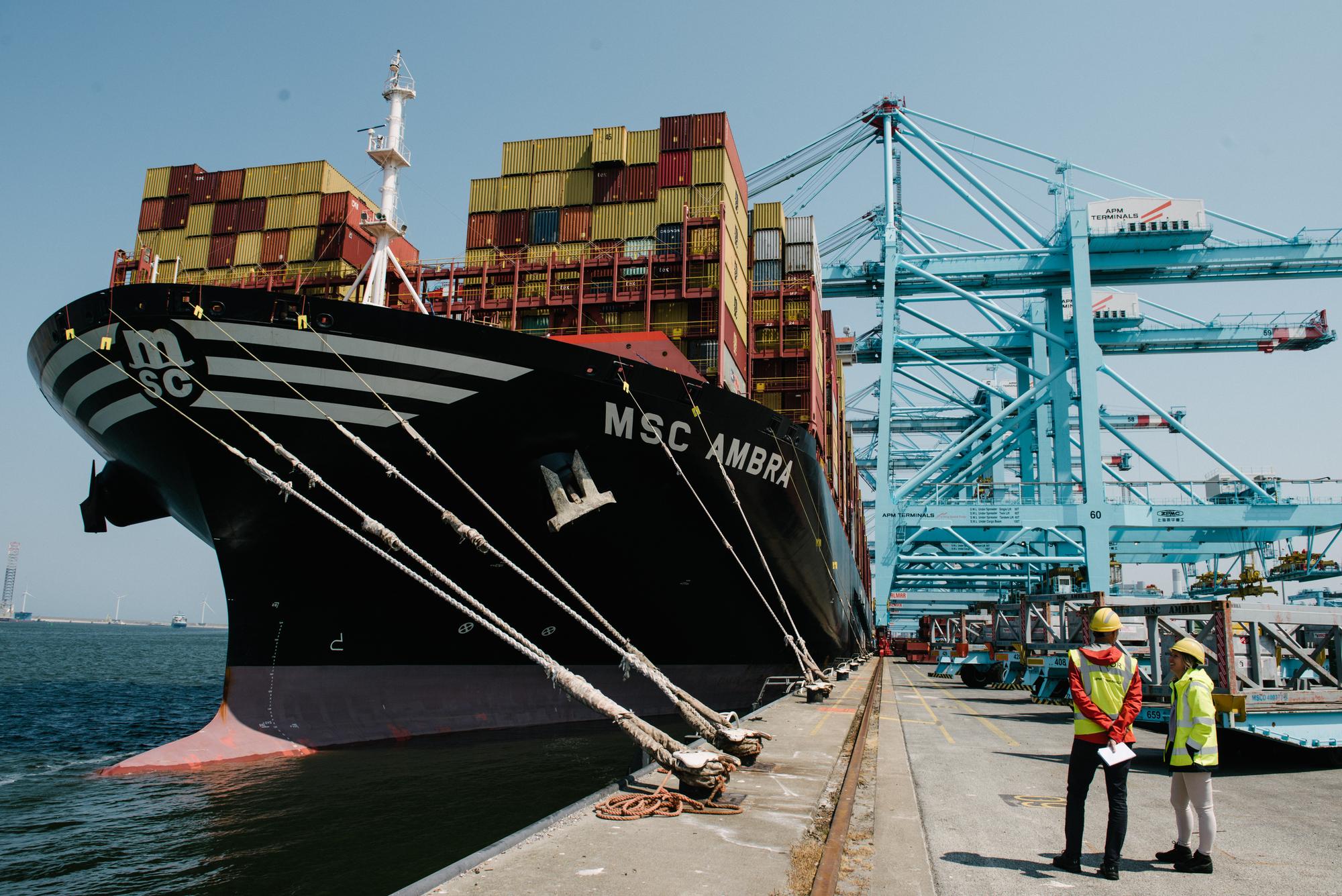 The MSC AMBRA at the docks of the APM terminal. The container ship sailing under the Panama flag is 400m long and built in 2020. Reportage on June 8th, 2023, in the APM Terminals' Maasvlakte II terminal in the port of Rotterdam, the Netherlands, a state-of-the-art automated facility with zero CO2 impact, open since 2015.