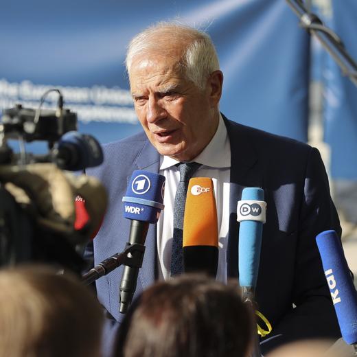 epa10711683 European Union High Representative for Foreign Affairs and Security Policy, Josep Borrell speaks to the media prior to the EU Foreign Affairs Council in Luxembourg, 26 June 2023. EU foreign ministers will have discussions on the latest events of the crisis in Russia and Ukraine. EPA/JULIEN WARNAND