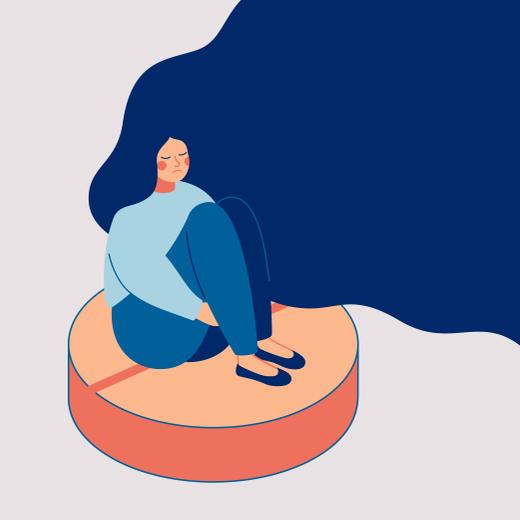 Depress woman sits on the big pill. Concept of influence side effects of pills on the women's moods. Vector