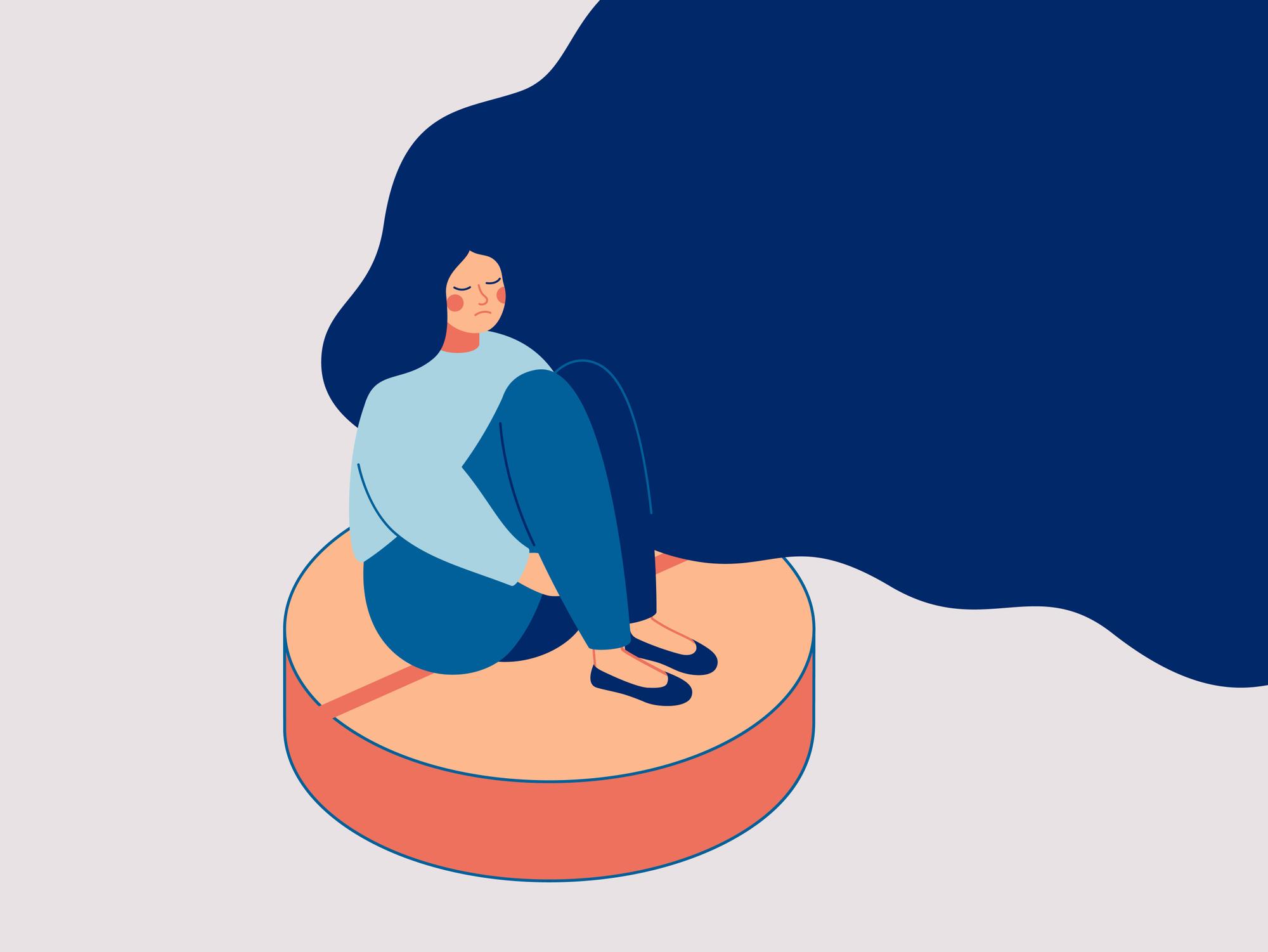 Depress woman sits on the big pill. Concept of influence side effects of pills on the women's moods. Vector