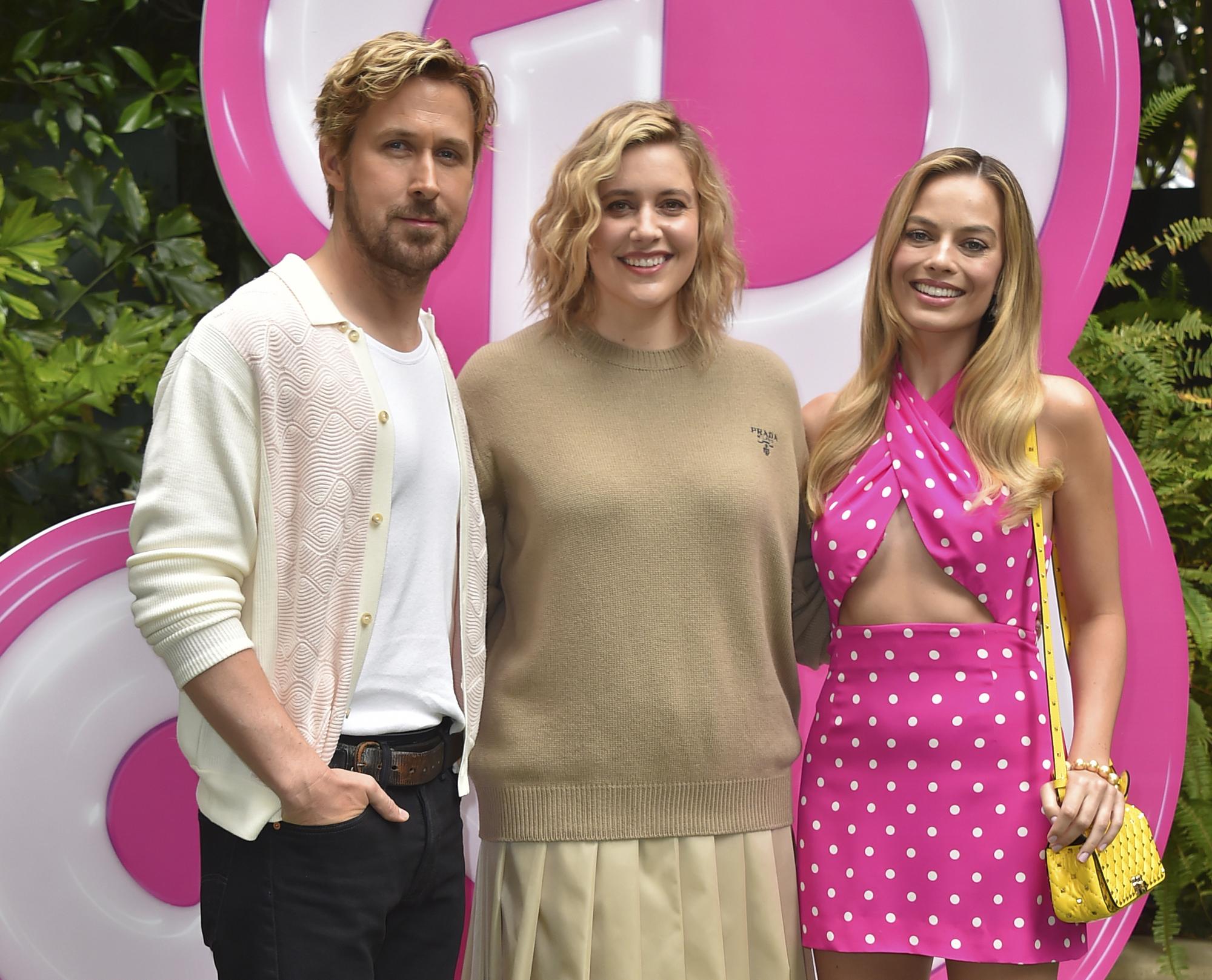 FILE - Ryan Gosling, from left, Greta Gerwig and Margot Robbie arrive at a photo call for "Barbie" on June 25, 2023, at the Four Seasons Hotel in Los Angeles. Vietnam's state media have reported that the government banned distribution of the popular ?Barbie? movie because it includes a view of a map showing disputed Chinese territorial claims in the South China Sea. (Photo by Jordan Strauss/Invision/AP, File)  Ryan Gosling,Greta Gerwig,Margot Robbie