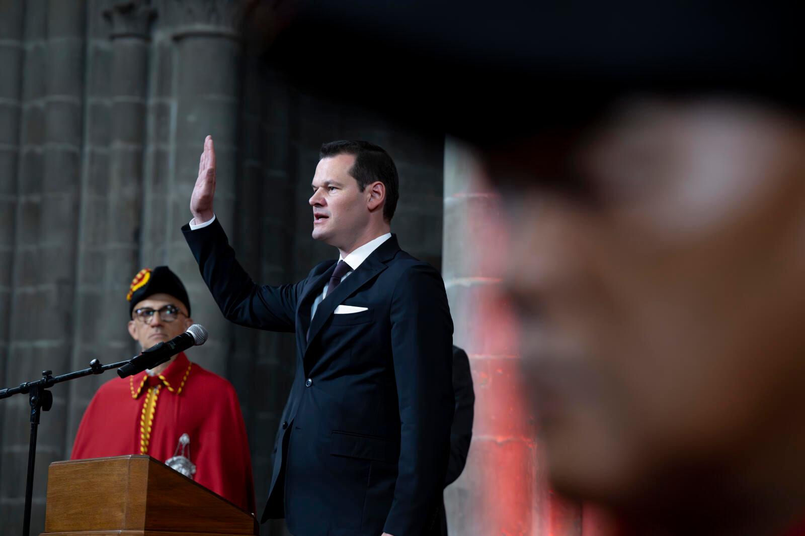 La Prestation de serment du Conseil d'Etat. Pierre Maudet arrive dans le choeur de la Chathédrale .Genève.31.5.2023.
