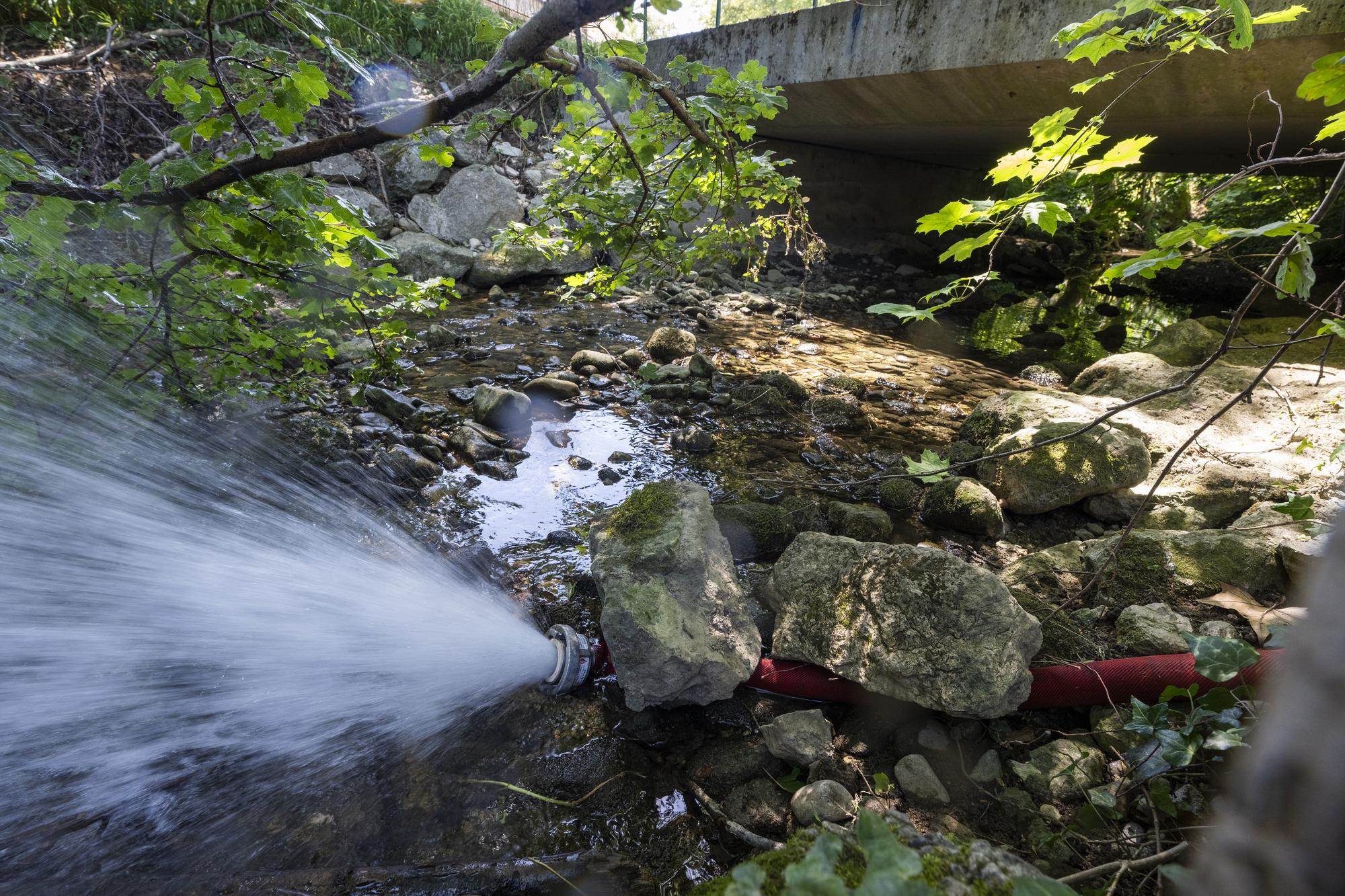 Une lance incendie alimente en eau potable la riviere la Drize en raison de la secheresse, ce dimanche 9 juillet 2023 a Troinex pres de Geneve. Les fortes chaleur et le manque de pluie mettent en peril la faune aquatique et les poissons dans la Drize, cette situation critique a force la Canton de Geneve a renfloue en eau, bien que cette situation ne soit pas souhaitee sur la duree, l'option favorisee est le soutien au debit et a la temperature de la Drize. Il consiste en l'apport d'eau du reseau, comme cela a pu etre le cas lors de l'ete 2022 ou on a injecte durant deux mois plus de 20,000 m3 d'eau dans la Drize. (KEYSTONE/Martial Trezzini)