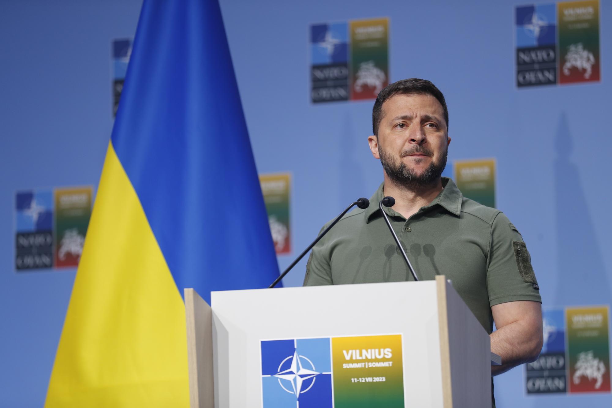 Volodymyr Zelensky, lors d'un point presse à Vilnius avec le Secrétaire général de l'OTAN, le 12 juillet 2023