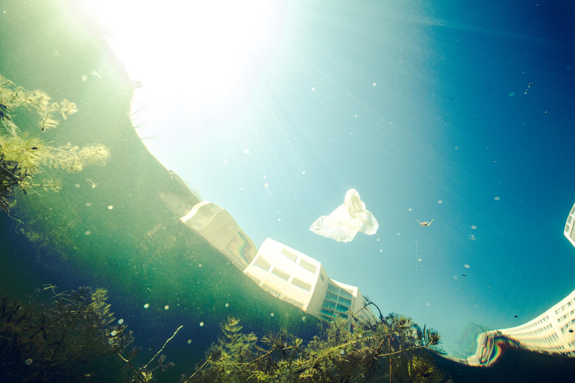 Underwater shot of plastic trash floating around in an urban lake. Shot in turbid and green water in Copenhagen, Denmark