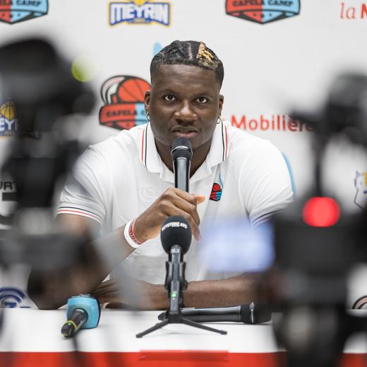 Swiss professional basketball player Clint Capela of the National Basketball Association's (NBA) Atlanta Hawks speaks during a press conference in Meyrin, Switzerland, Thursday, July 13, 2023. (KEYSTONE/Pierre Albouy).
