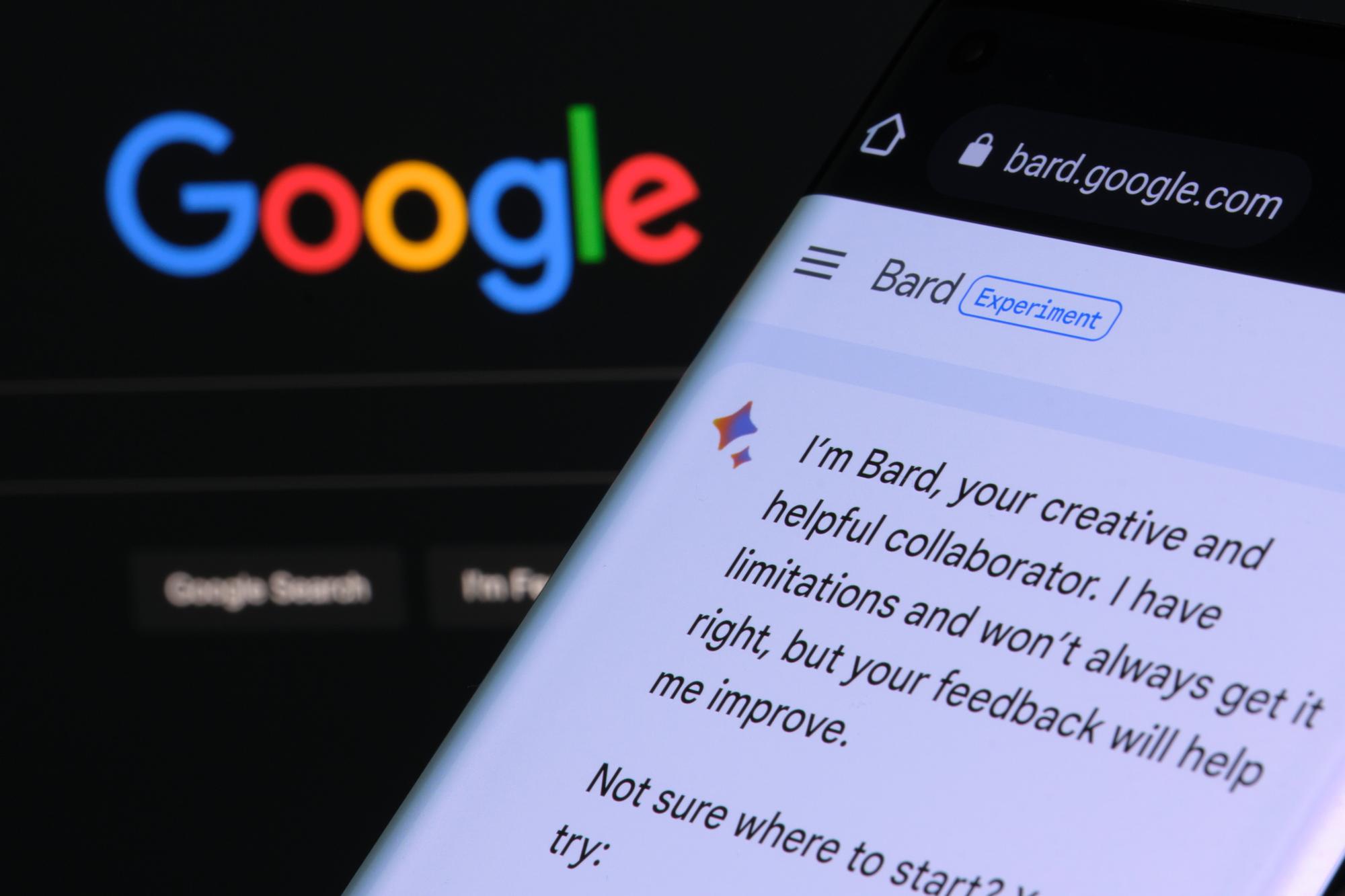 Google Bard AI chatbot. Real example of chat bot seen on the screen of device and Google logo on background. Stafford, United Kingdom, March 22, 2023
