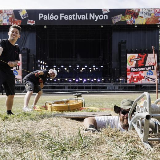 epa10751223 Technicians prepare the main stage one day before the opening of the 46th edition of the Paleo Festival, in Nyon, Switzerland, 17 July 2023. The Paleo is an open-air music festival running from 18 to 23 July with about 250,000 spectators expected to attend over six days. EPA/SALVATORE DI NOLFI