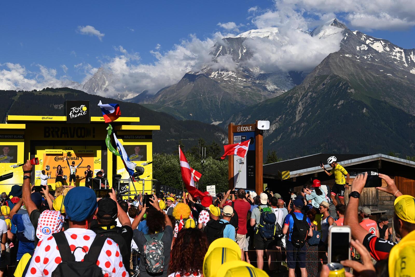 SAINT-GERVAIS MONT-BLANC, FRANCE - JULY 16: Wout Poels of The Netherlands and Team Bahrain Victorious celebrates at podium as stage winner during the stage fifteen of the 110th Tour de France 2023 a 179km stage from Les Gets les Portes du Soleil to Saint-Gervais Mont-Blanc 1379m / #UCIWT / on July 16, 2023 in Saint-Gervais Mont-Blanc, France. (Photo by Tim de Waele/Getty Images)