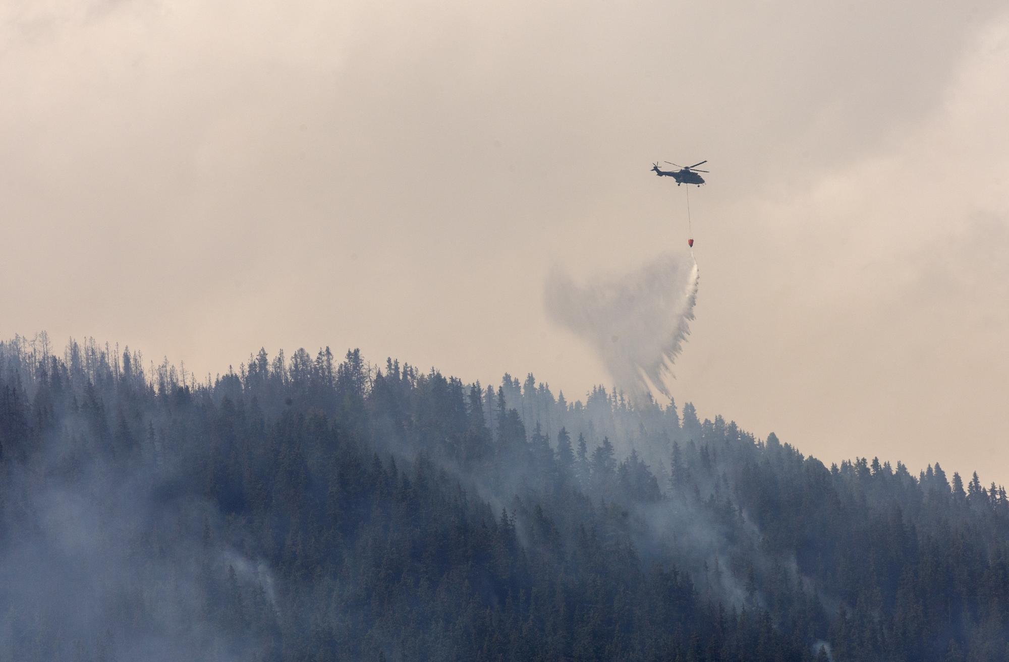 A Swiss Air Force Super Puma helicopter drops water on a wildfire on the flank of a mountain in Bitsch near Brig, Switzerland, July 18, 2023. REUTERS/Denis Balibouse