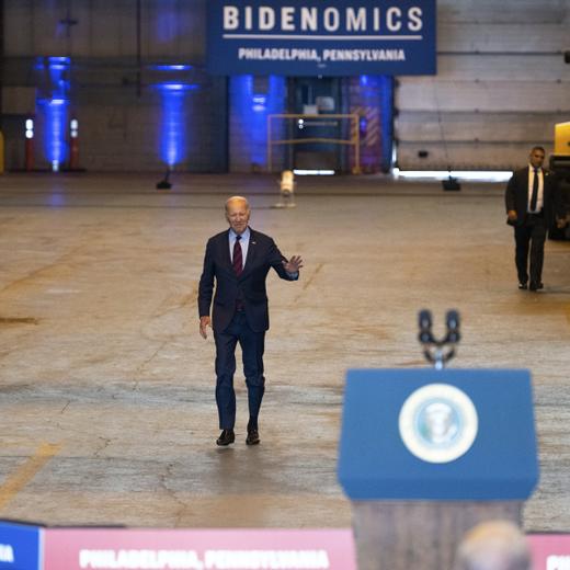 President Joe Biden arrives to speak at a shipyard in Philadelphia, Thursday, July 20, 2023. Biden is visiting the shipyard to push for a strong role for unions in tech and clean energy jobs. (AP Photo/Joe Lamberti)