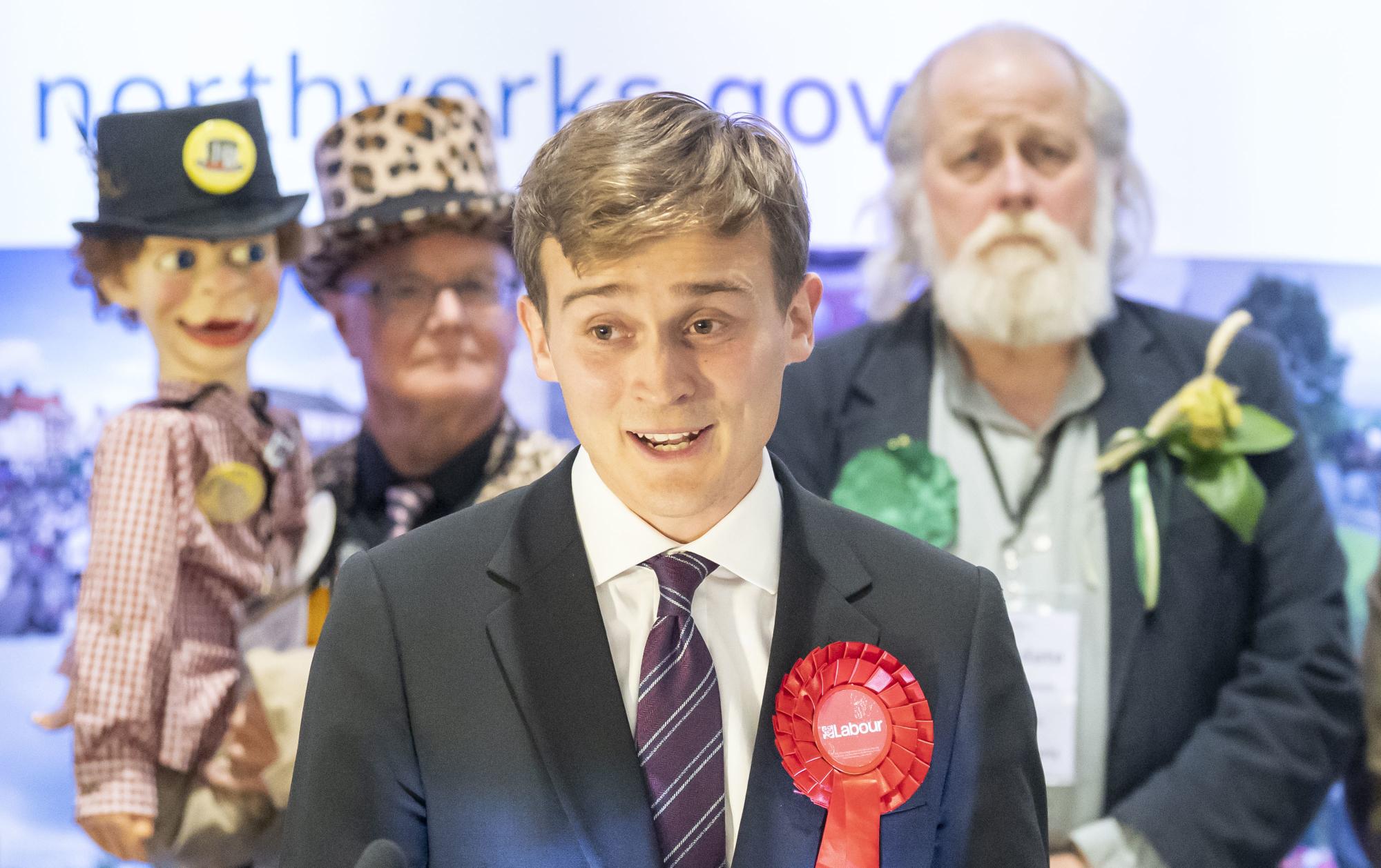 By-election winner and Labour Party candidate Keir Mather speaks at Selby Leisure Centre in Selby, England, Friday, July 21, 2023, after the results were given for the Selby and Ainsty by-election. (Danny Lawson/PA via AP)