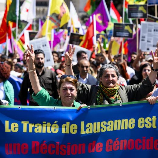epa10762312 Members of the Kurdish community take part in a demonstration marking the 100th anniversary of the Treaty of Lausanne , in Lausanne, Switzerland, 22 July 2023. The 'Treaty of Lausanne' is a peace treaty negotiated during the Lausanne Conference and signed at the Palais de Rumine, in Lausanne, Switzerland, on 24 July 1923, that settled a conflict between the Ottoman Empire and allied countries since the start of World War I. EPA/JEAN-CHRISTOPHE BOTT