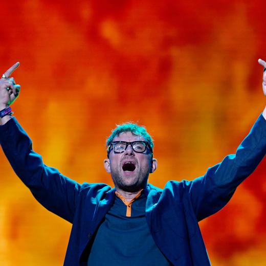 British band Blur singer Damon Albarn performs during the music festival Les Vieilles Charrues in Carhaix-Plouguer, western France, on July 14, 2023. (Photo by Damien MEYER / AFP)