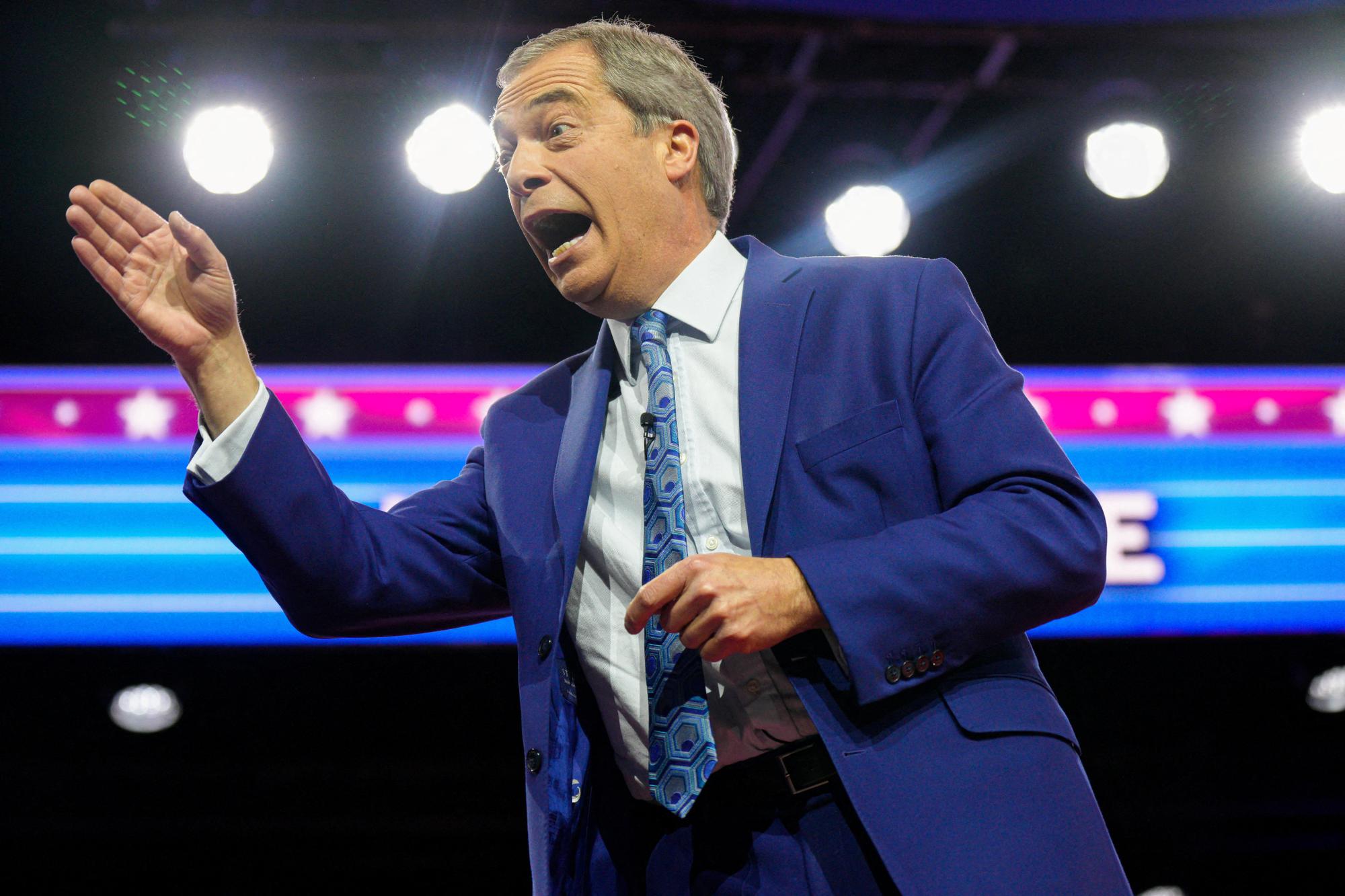 FILE PHOTO: Nigel Farage, former leader of Britain's Brexit Party, speaks at the Conservative Political Action Conference (CPAC) at Gaylord National Convention Center in National Harbor, Maryland, U.S., March 3, 2023. REUTERS/Nathan Howard/File Photo