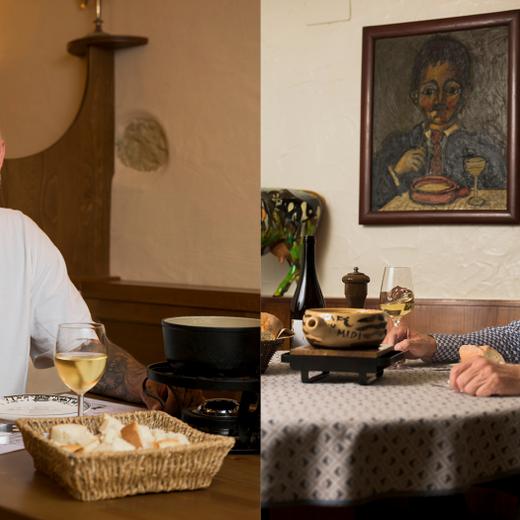 Gaspard Farine, patron de la Taverne neuchâteloise et sa fondue. Pascal Hasler, spécialste de la fondue fribourgeoise, restaurant du Midi. Fribourg.