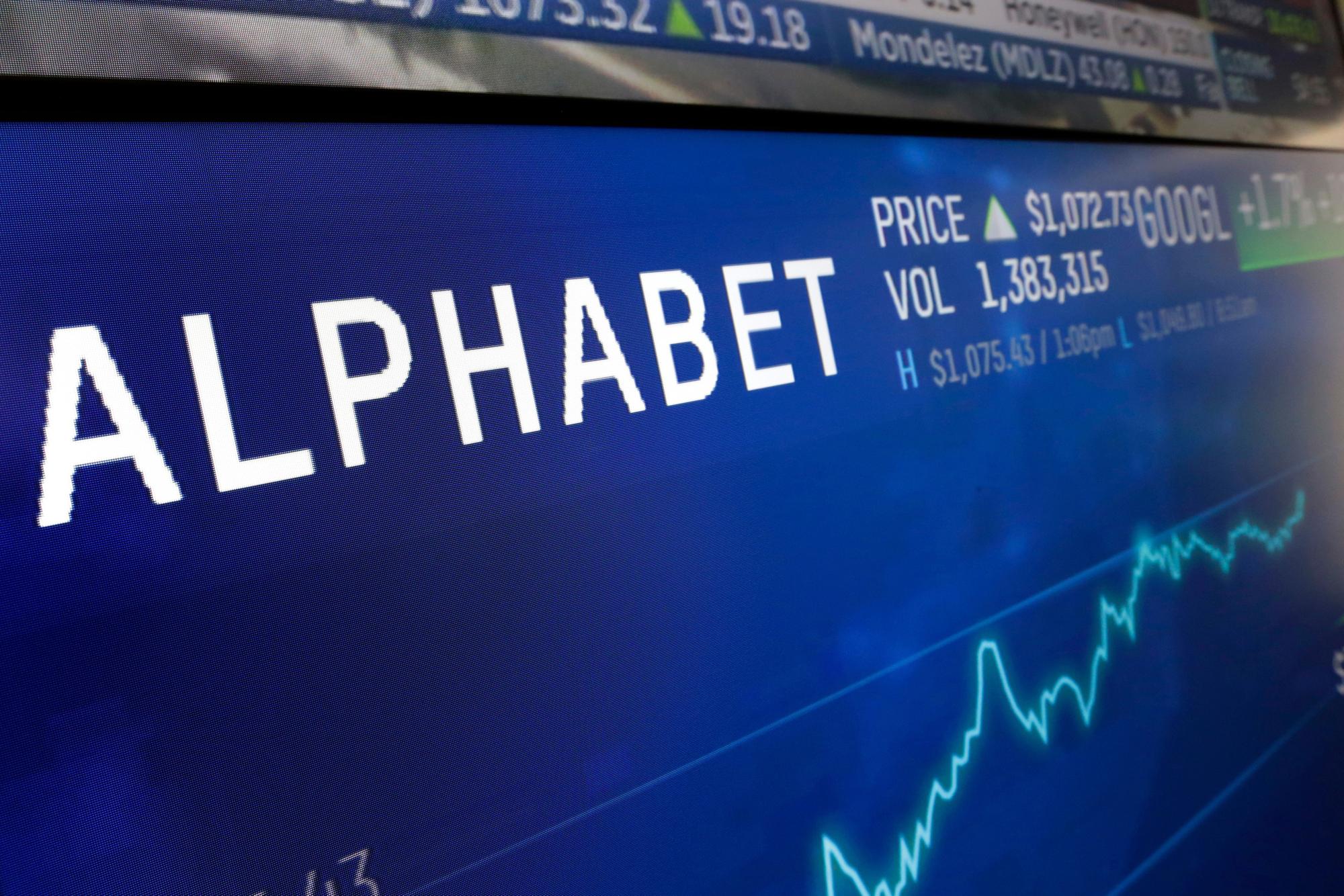 FILE - In this Feb. 14, 2018, file photo the logo for Alphabet appears on a screen at the Nasdaq MarketSite in New York. Alphabet reports earnings on Tuesday July 25, 2023. (AP Photo/Richard Drew, File)  Alphabet