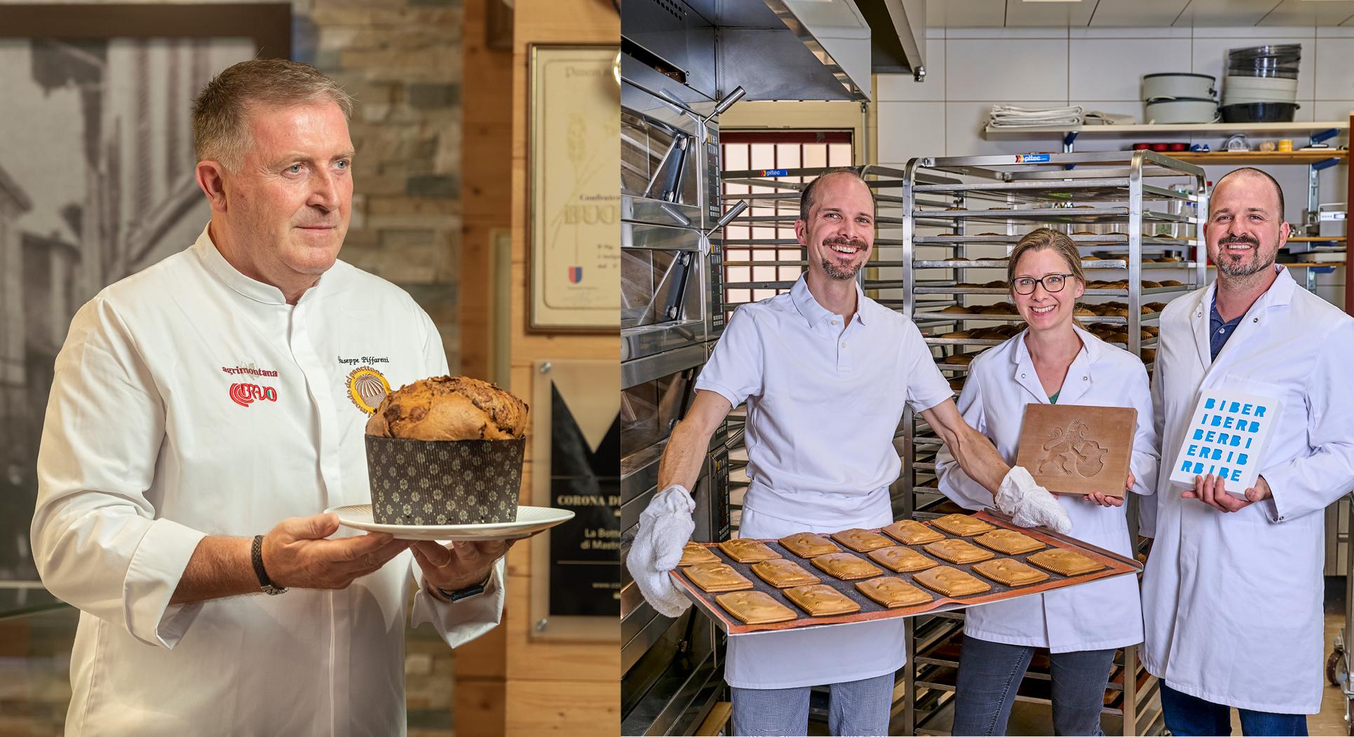 Giuseppe Piffaretti, alias «Mastro Piff», avec son panettone artisanal à Mendrisio, au Tessin, et la fratrie Leibacher avec une fournée de Biber à Illnau, près de Zurich.