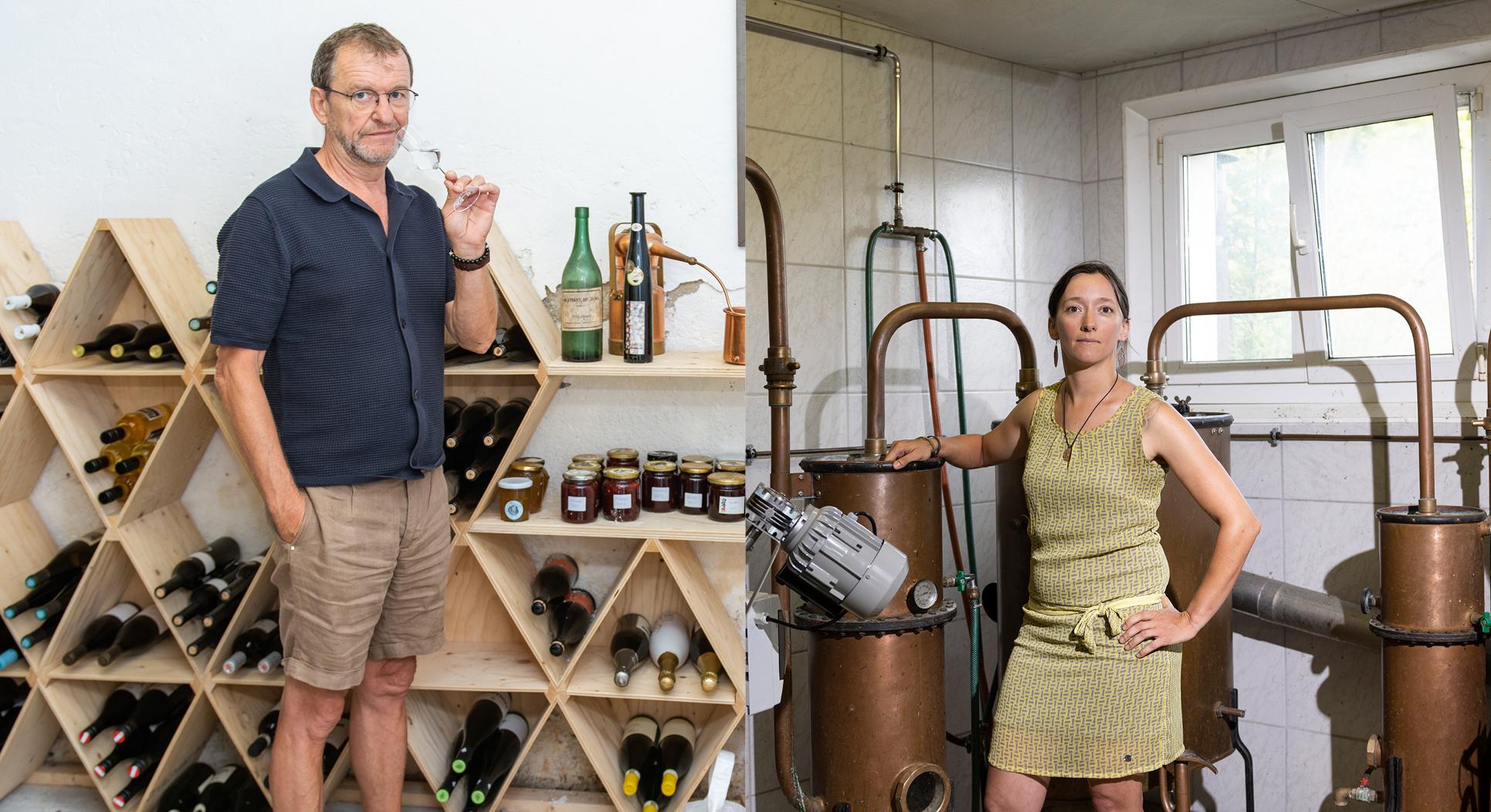 Michel Thentz, producteur de damassine à Delémont, Lea Kunz pour Le Temps. Elodie Gerber, distillatrice de gentiane à Orvin, Muriel Antille pour Le Temps