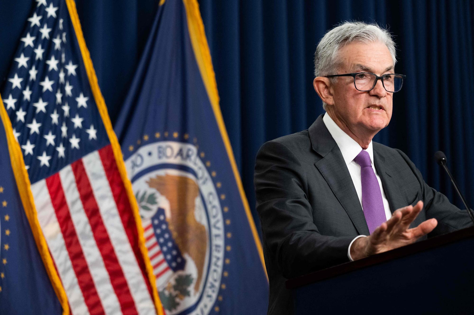 Federal Reserve Board Chairman Jerome Powell speaks during a news conference following a Federal Open Market Committee meeting, at the Federal Reserve in Washington, DC, on July 26, 2023. The US Federal Reserve raised its benchmark lending rate on July 26, 2023, to its highest level since 2001 to tackle above-target inflation, and signaled the possibility of further increases ahead. The quarter percentage-point rise lifts the Fed's key lending rate to a range between 5.25 percent and 5.5 percent, the US central bank said in a statement, adding that it will "continue to assess additional information and its implications for monetary policy." (Photo by SAUL LOEB / AFP)