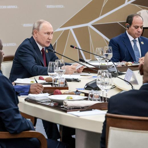 Russian President Vladimir Putin speaks during a working breakfast with heads of African regional organizations during the second Russia-Africa summit in Saint Petersburg on July 27, 2023. (Photo by Mikhail METZEL / TASS Host Photo Agency / AFP) / RESTRICTED TO EDITORIAL USE - MANDATORY CREDIT "AFP PHOTO / TASS Host Photo Agency / Mikhail Metzel" - NO MARKETING NO ADVERTISING CAMPAIGNS - DISTRIBUTED AS A SERVICE TO CLIENTS