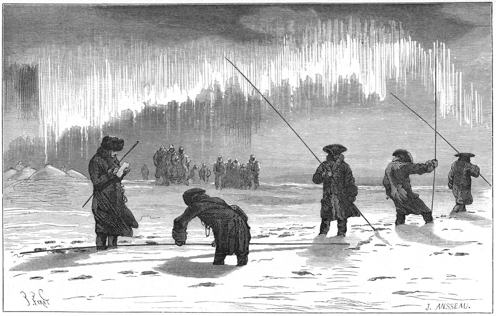 Pierre-Louis Moreau de Maupertuis (1698-1759) in Finland, 1736. 1874 . In 1736 Maupertuis, French astronomer and mathematician, led an expedition to Lapland to measure the length of a degree along the meridian. The expedition included the French mathematicians Alexis Claude Clairault (1713-1765) and Charles Etienne Louis Camus (1699-1768). They set up their headquarters at Torino in Northern Finalnd. In summer they were plagued by insects and in winter suffered from the cold. From Vies des Savants Illustres du XVIIIe Siecle , Louis Figuier, (Paris 1874). Photos12.com - Ann Ronan Picture Library PUBLICATIONxINxGERxSUIxAUTxONLY Copyright: xPhoto12/AnnxRonanxPicturexLibraryx ARP07104460001018