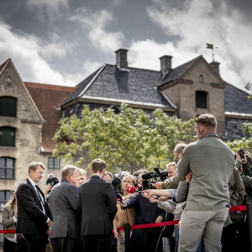 epa10778542 Danish Minister of Foreign Affairs Lars Loekke Rasmussen (C), flanked by Minister of Justice Peter Hummelgaard (R) and acting Minister of Defense Troels Lund Poulsen, speaks to journalists after a briefing by members of the Danish Parliament on the international reactions to the Koran burnings in Copenhagen, Denmark, 31 July 2023. EPA/Mads Claus Rasmussen DENMARK OUT