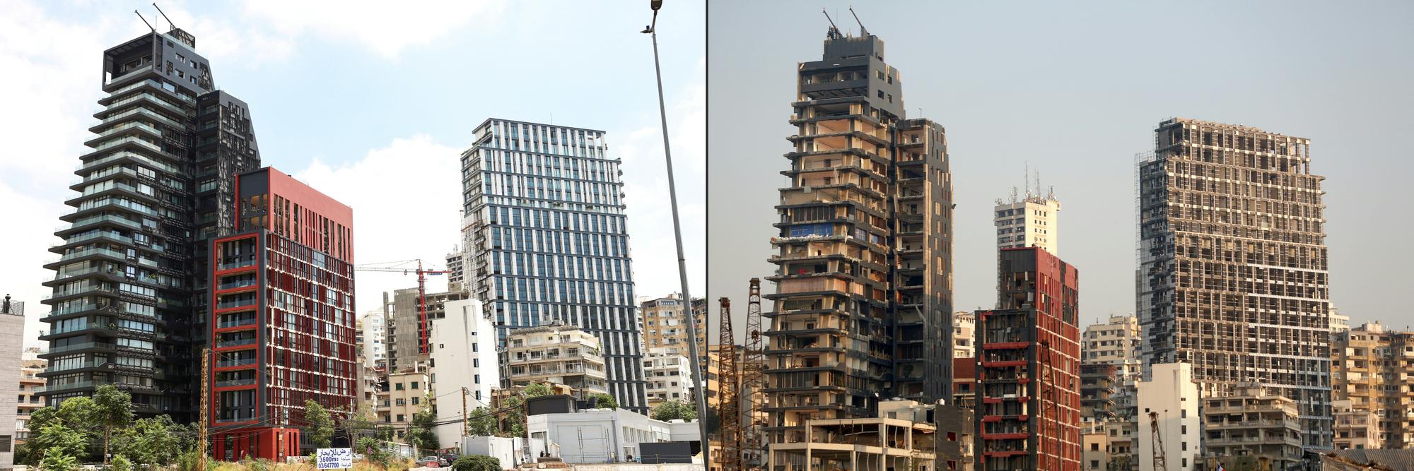 (COMBO) In this combination of pictures created on August 2, 2023, newly restored buildings stand in the Beirut neighbourhood of Mar Mikhail overlooking the city's port on August 2, 2023 (L) and (FILES) the same buildings, heavily damaged on August 31, 2020, following the August 4 massive chemical explosion at the port which caused severe damage across swathes of the Lebanese capital. One of history's biggest non-nuclear explosions rocked Beirut on August 4, 2020, destroying swathes of the Lebanese capital, killing more than 220 people and injuring at least 6,500. Three years on, the probe into the traumatic disaster remains bogged down in legal and political wrangling, to the dismay of victims' families. (Photo by JOSEPH EID and PATRICK BAZ / AFP)