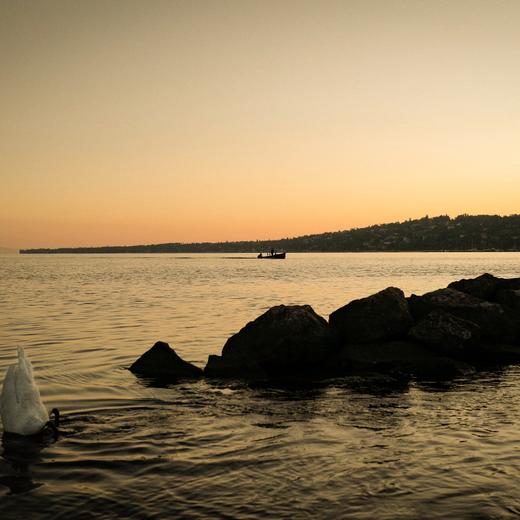 Il est 6h11 ce matin là. Un jour naissant sur la rade de Genève.. Vue depuis les Bains des Pâquis. Photo: Laurent Guiraud. Août 2019.
