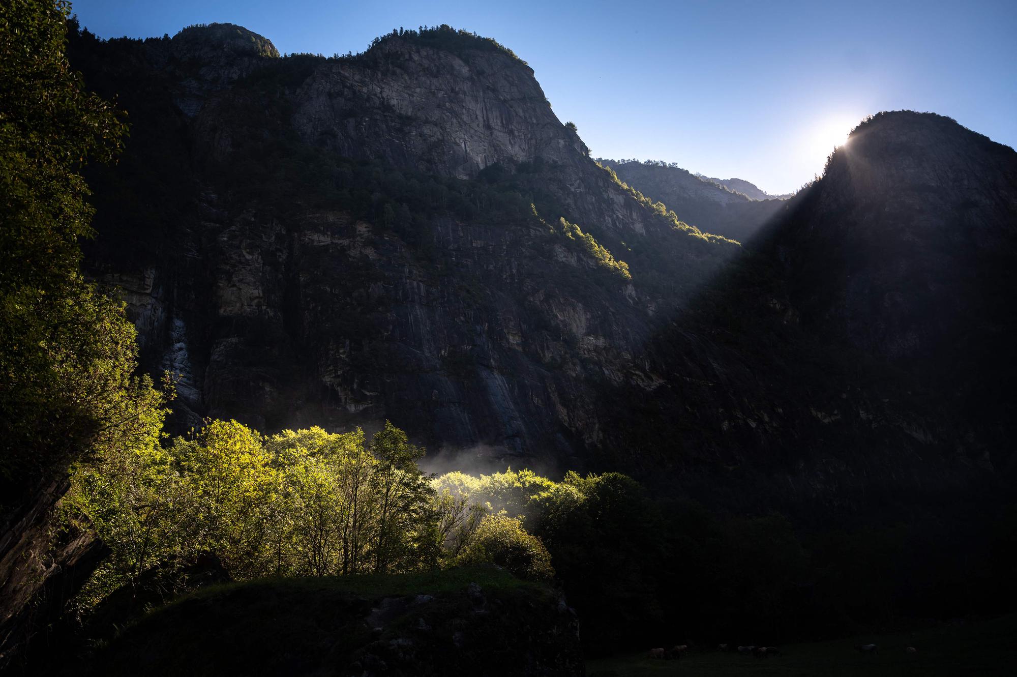 The sun rise lights a forest next to the tiny village of Sonlerto near Cevio, Southern Switzerland, on September 20, 2022. - Like everywhere else in Europe, Swiss are being called to save energy. This comes naturally to the inhabitants of the Bavona Valley, one of the most remote parts of the Alpine country never connected to the electricity grid. (Photo by Fabrice COFFRINI / AFP) (KEYSTONE/AFP/FABRICE COFFRINI)
