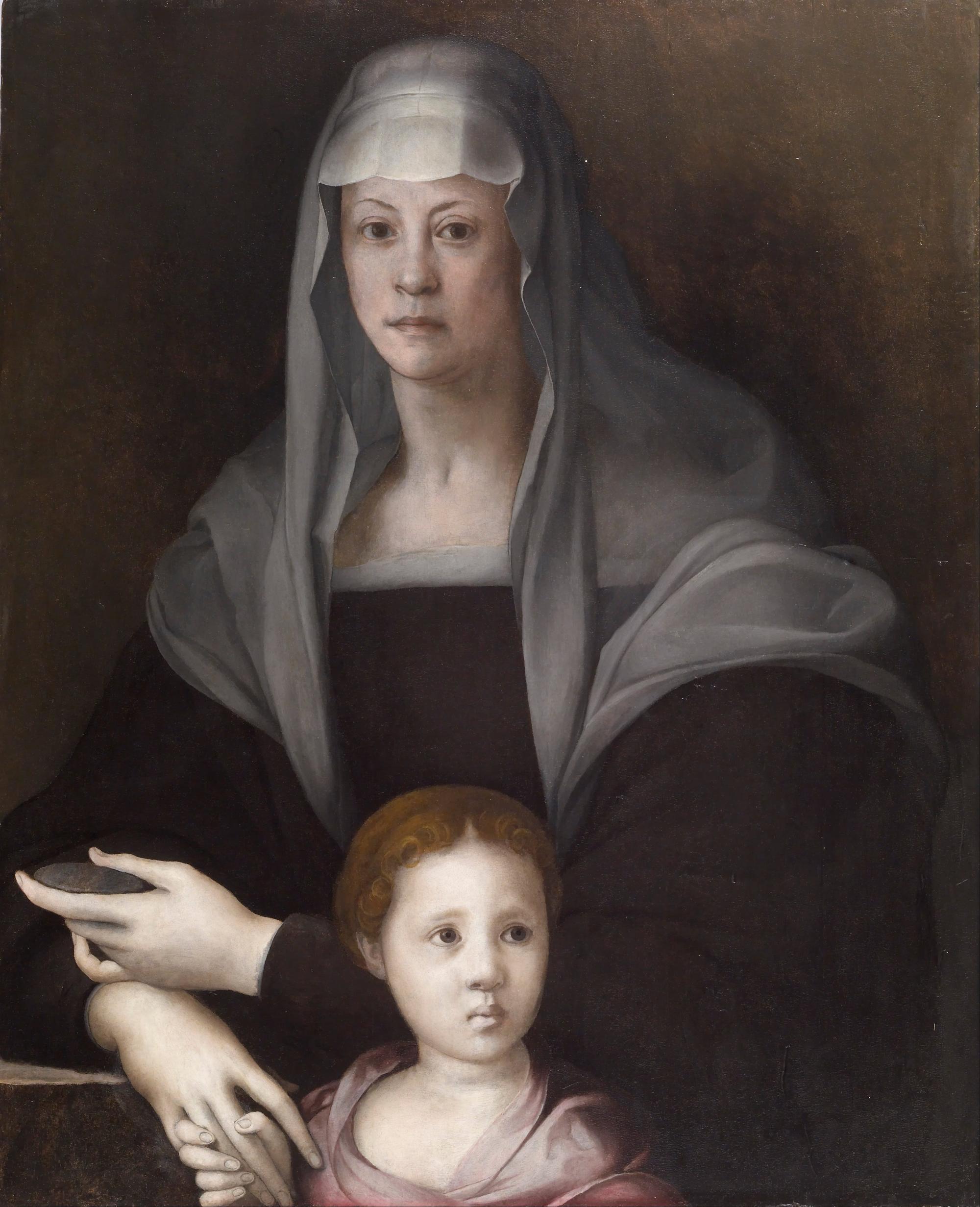 PONTORMO. Portrait of Maria Salviati de' Medici with Giulia de' Medici. Date/Period: Ca. 1539 (Renaissance). Portraits; panel paintings. Oil on panel oil on panel. Height: 88 mm (3.46 in); Width: 71.30 mm (2.80 in). Credit: Album