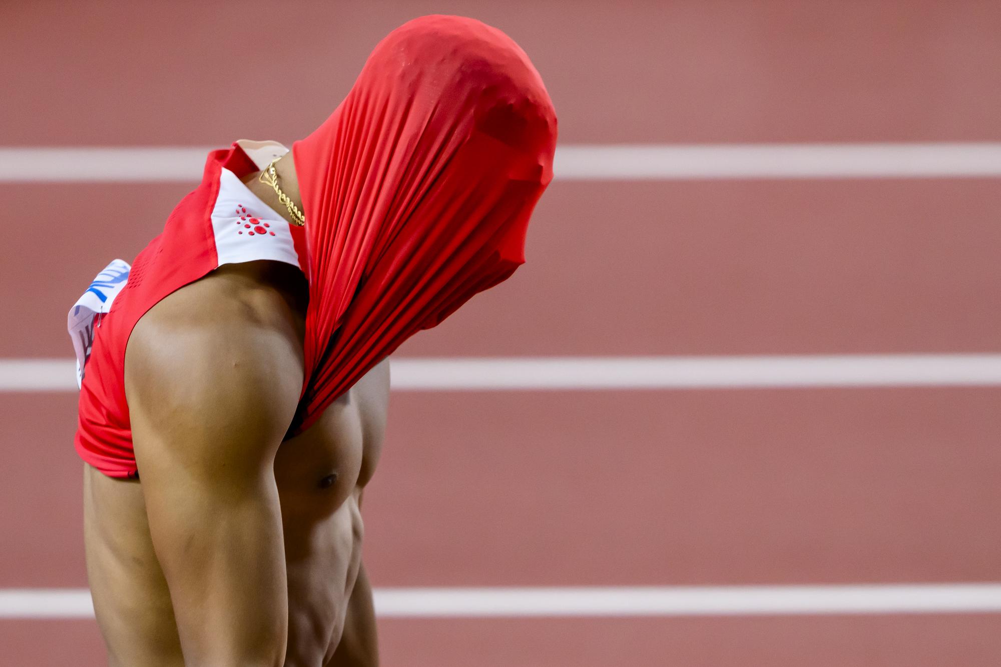 Jason Joseph of Switzerland reacts during the men's 110 meters hurdles final of the World Athletics Championships at the National Athletics Centre, in Budapest, Hungary, Monday, August 21, 2023. (KEYSTONE/Jean-Christophe Bott)
