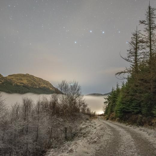 This is a very long exposure of the forest track I was walking at night from the Whistlefield Inn to Coylet. The mist middle left is sitting over Loch Eck.