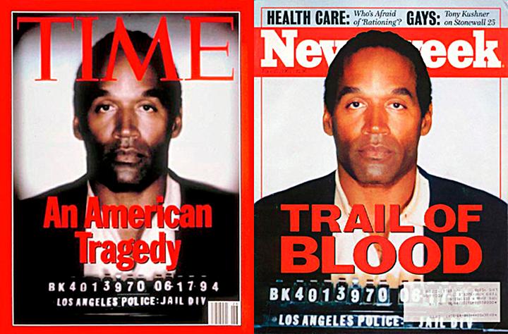 This undated combo photo shows the 1994 covers of Time and Newsweek with the same police photo of O.J. Simpson. The covers sparked a controversy over photo manipulation. (AP Photo)