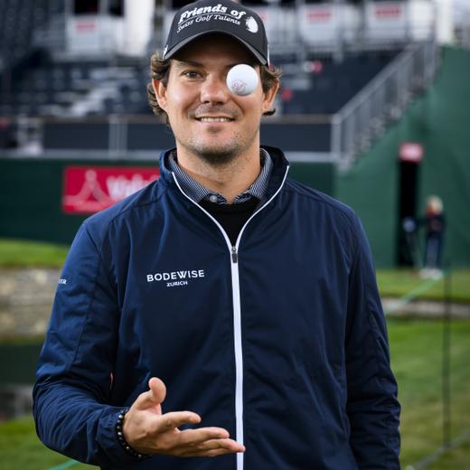 Swiss golfer Jeremy Freiburghaus poses after a press conference of Swiss Golf during the Omega European Masters Golf Tournament DP World Tour, in Crans-Montana, Switzerland, Wednesday, August 30, 2023. (KEYSTONE/Jean-Christophe Bott)