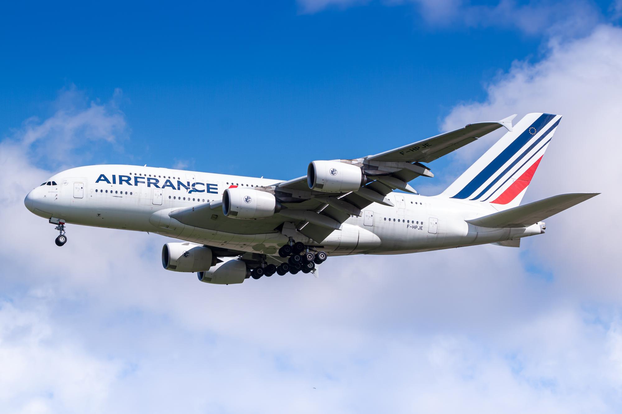 Paris, France - August 17, 2018: Air France Airbus A380 airplane at Paris Charles de Gaulle airport (CDG) in France. Airbus is an aircraft manufacturer from Toulouse, France.