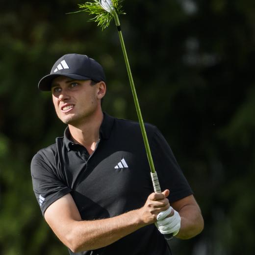 Ludvig Aberg of Sweden watches his shot during the first round of the Omega European Masters Golf Tournament DP World Tour, in Crans-Montana, Switzerland, Thursday, August 31, 2023. (KEYSTONE/Jean-Christophe Bott)
