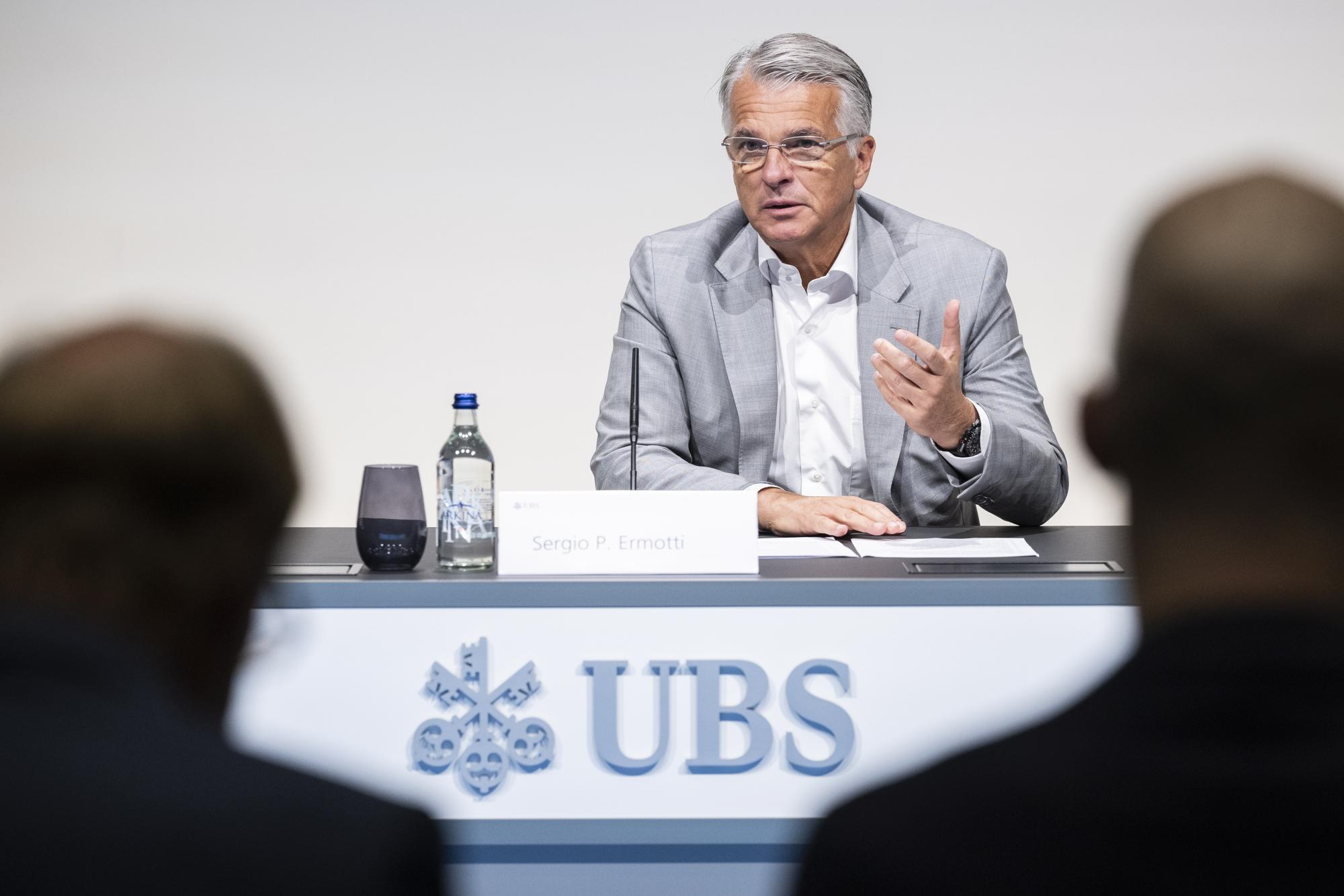 epa10830466 Group Chief Executive Officer of Swiss Bank UBS Sergio P. Ermotti speaks during the presentation of the second quarter 2023 and first results since the Credit Suisse merger, in Zurich, Switzerland, 31 August 2023. Swiss bank UBS announced 31 August plans to save 10 billion USD in costs as it moves ahead with "full integration" of longtime rival Credit Suisse's domestic operations, as UBS released its first earnings report since the government-orchestrated merger to help stave off a possible global financial meltdown. EPA/ENNIO LEANZA