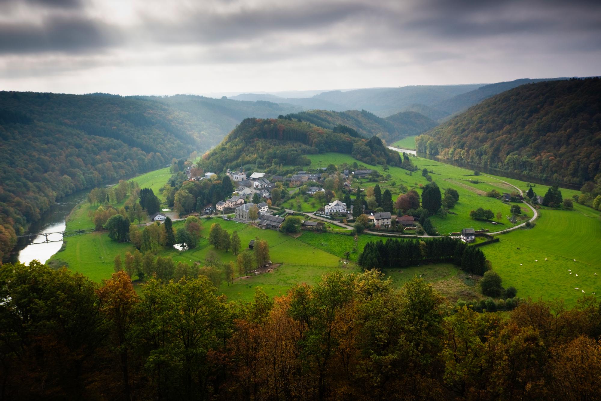 Belgium, The Ardennes, Valley of the Semois, elevated view of Frahan from the town of Rochehaut
