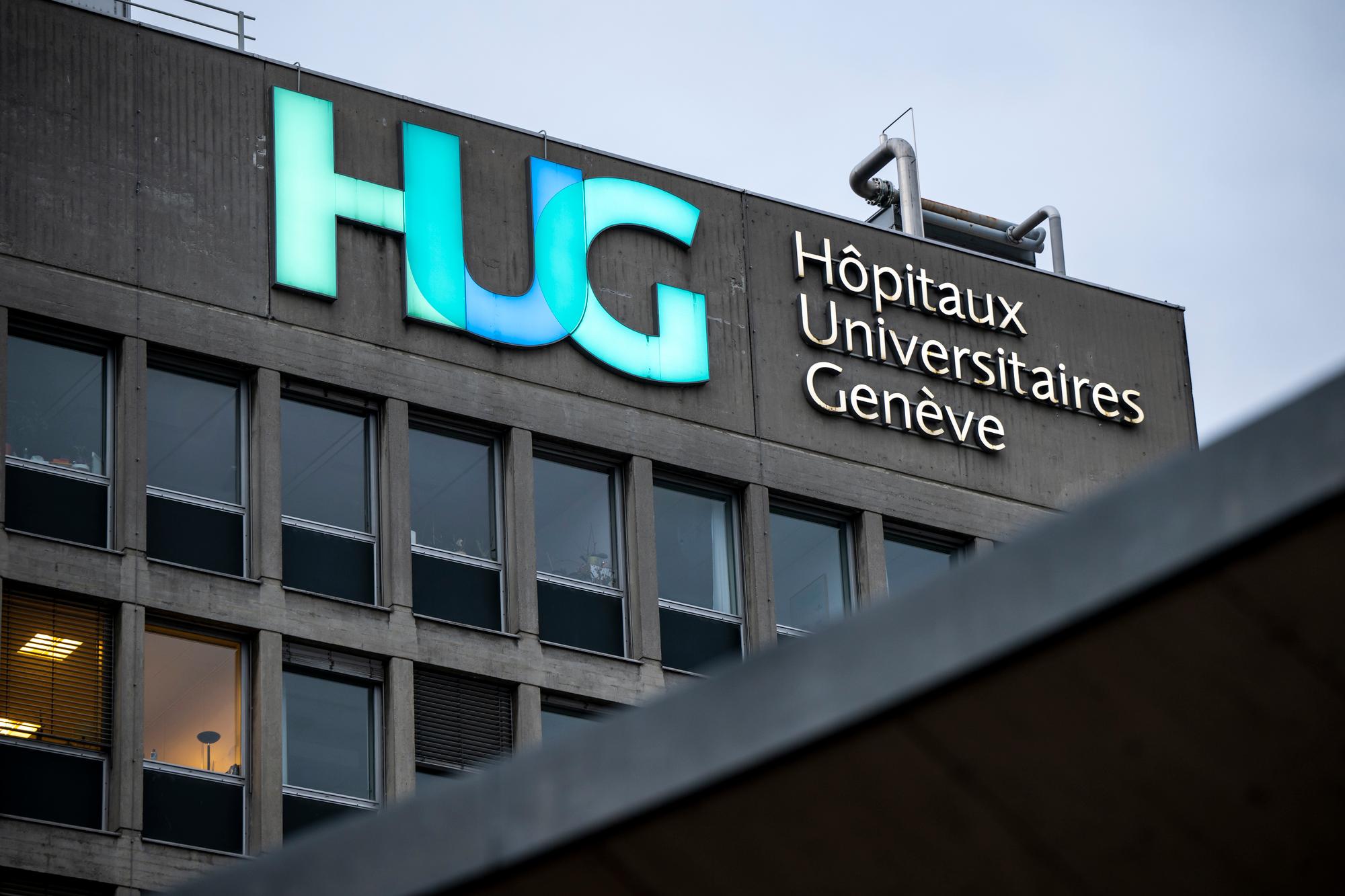 Le logo des Hopitaux Universitaires de Geneve (HUG) est photographie, ce mardi 5 avril 2022 a Geneve. (KEYSTONE/Martial Trezzini)