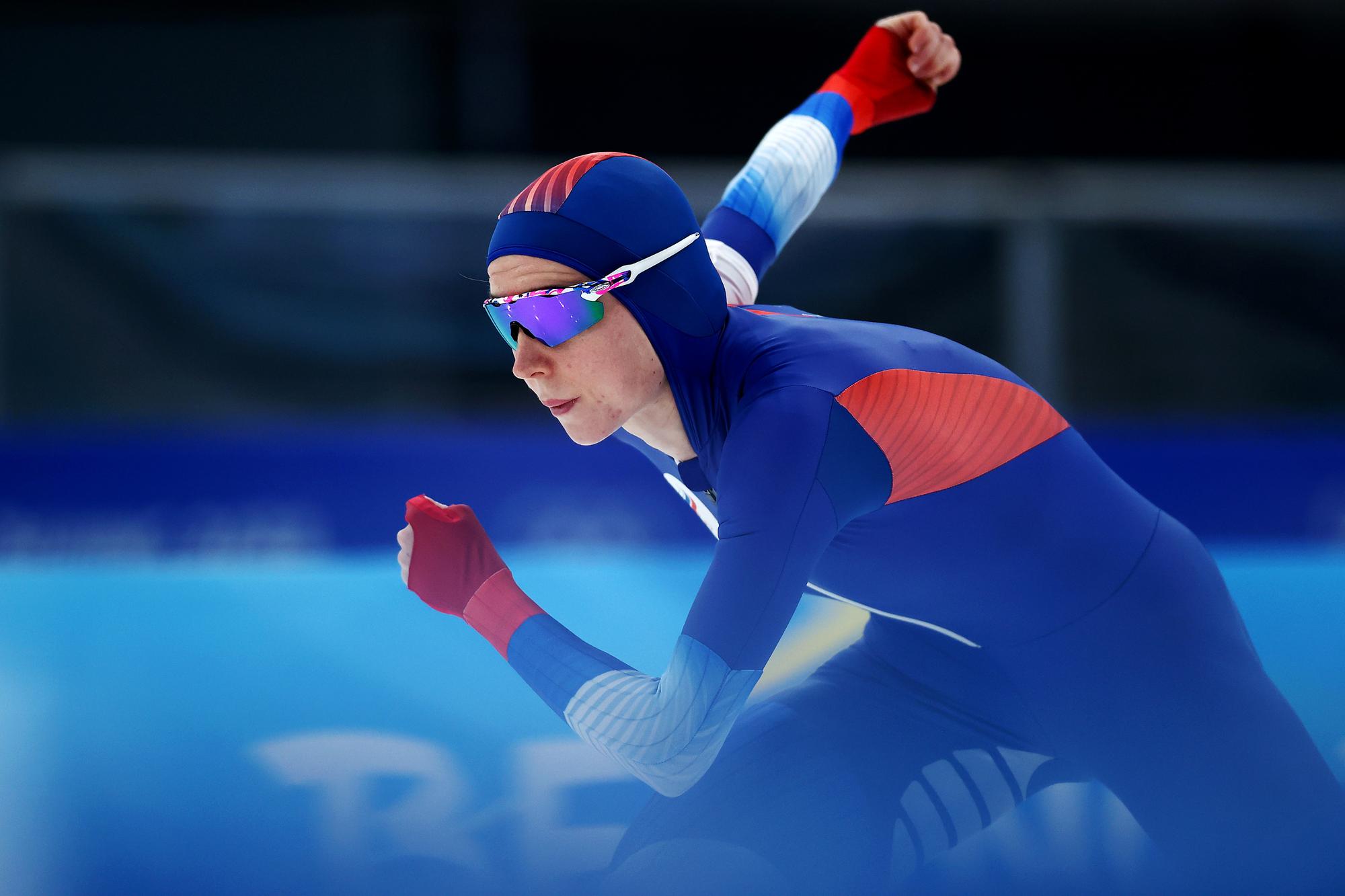 BEIJING, CHINA - JANUARY 31: Elizaveta Golubeva of Team ROC skates during a speed skating practice session ahead of the Beijing 2022 Winter Olympic Games at National Speed Skating Oval on January 31, 2022 in Beijing, China. (Photo by Dean Mouhtaropoulos/Getty Images)
