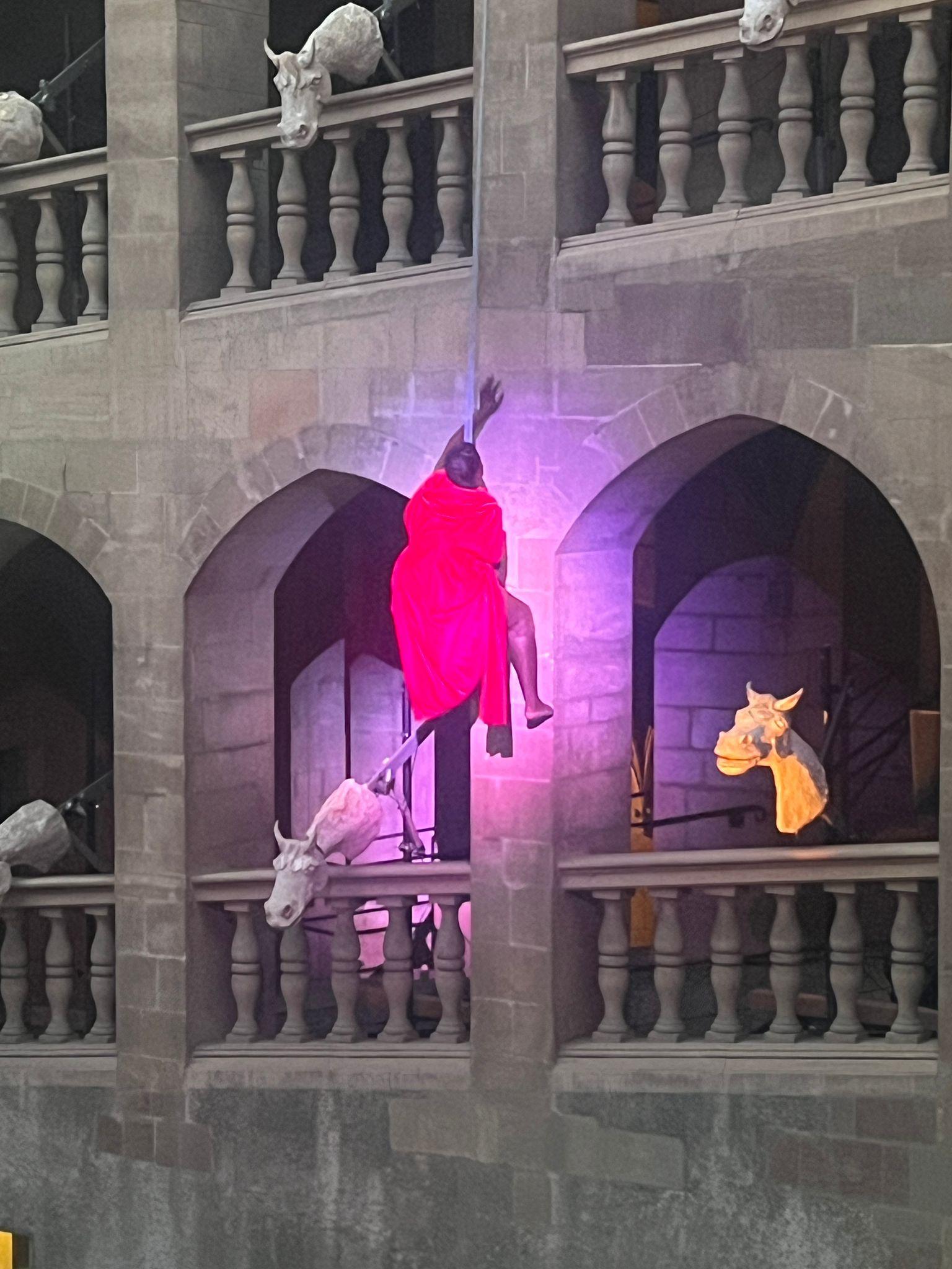 L'artiste suisse Christelle-Davide Sanvee escalade la paroi de l'Hôtel-de-Ville à Genève.